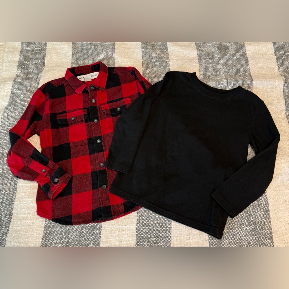 Little Boys 5T Long Sleeve Shirts - Red/Black Flannel Button Up- Black Pullover